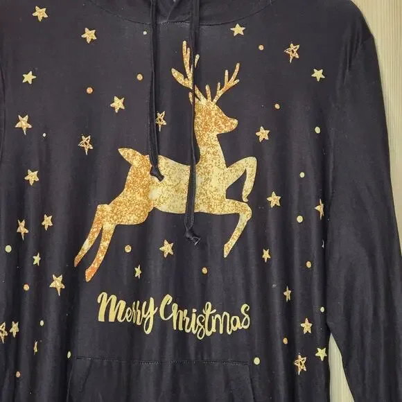 Missky Small Black Baggy Hoodie Dress w/ Reindeer and Stars [0007] - Picture 4 of 10